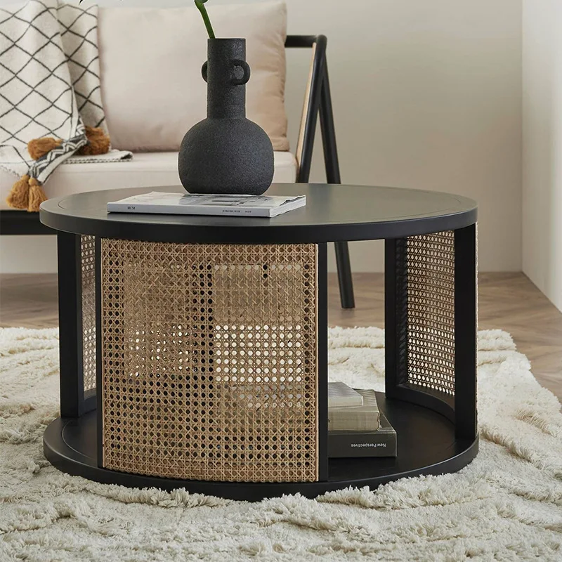 Eros House Coffee Table Solid Wood Double-layer Round Table Rattan Bed and Breakfast Side Table Home Designer Furniture