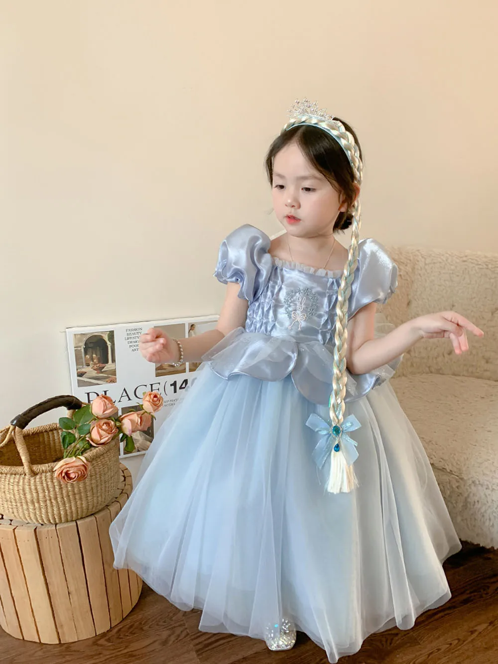 1-6T Girl's Light Blue Princess Dress Sweet Square Collar Bubble Sleeve Patchwork Tiered Ruffles A-line Puff Performance Dress