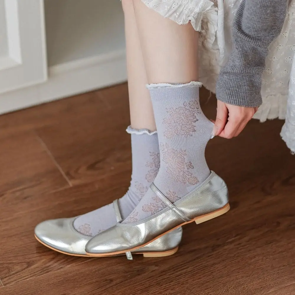 

3Pairs Cute Ruffle Mesh Flower Socks Ins Style Lolita Mid Tube Socks Breathable Female Hosiery Sweet Socks Women Lady