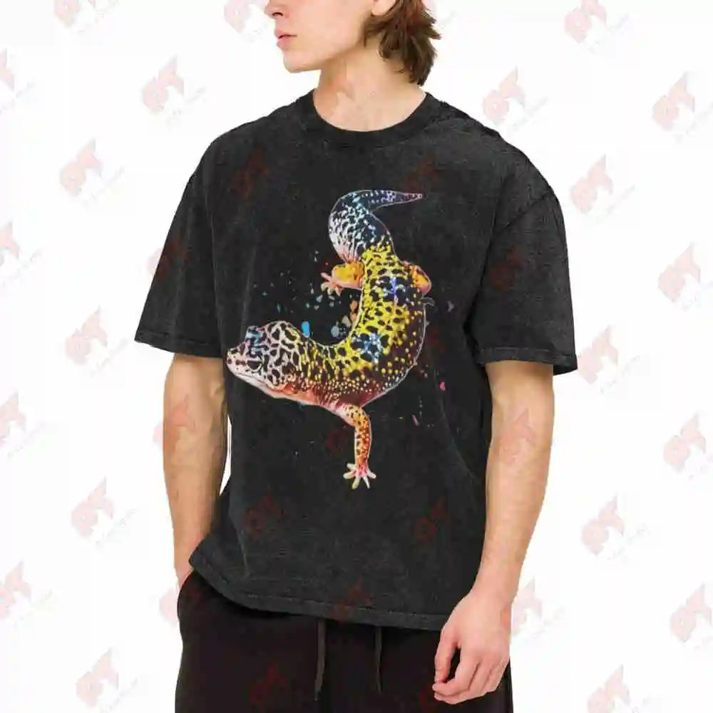 Leopard Gecko Blue Orange Reptile Vintage Washed Tee Pure Cotton T-Shirt