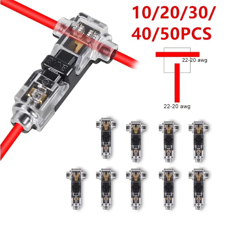 10-50Pcs T Type 1 Pin Low Voltage Wire Connector Quick Solderless Wire Splice Connector T Tap Wire Connectors No Stripping