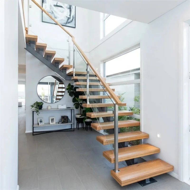 custom.Customized Materials Indoor Staircase with Balustrades Durable Steel Spine Beam Floating Solid Wood Steps Stair