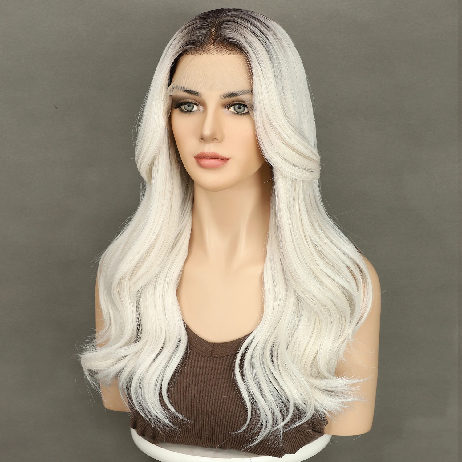 2024 13x4 Synthetic Lace Front Wig Ash White Dark Roots Transparent Lace Daily Wear Heat Safe Premium Synthetic Wig