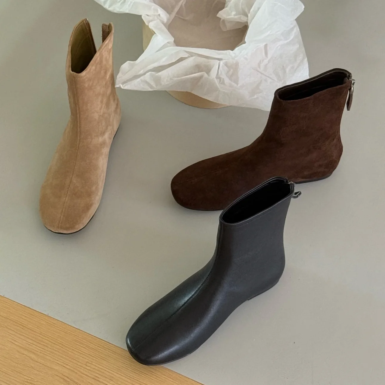 retro-korean-sle-suede-round-toe-flat-bot-booties-women's-frosted-genuine-leather-slimming-booties-faionable-versatile