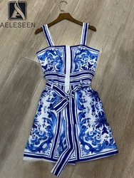 AELESEEN Women Casual Summer Jumpsuit Designer Fashion Spaghetti Strap Blue And White Porcelian Print Belt High Waist Holiday