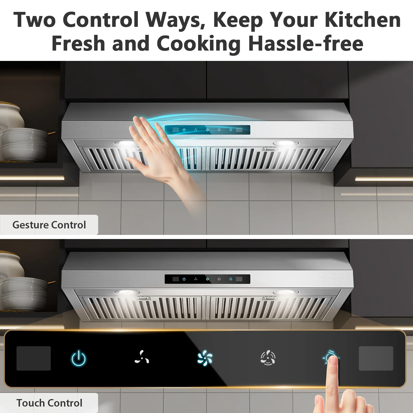 Zomagas 30 Inch under Cabinet Range Hood for Kitchen,800 CFM, With Gesture Sensing Touch Control,3-Speed Vent Ducted/Ductless Convertible,Safe LED Lights Delay Shutdown for Home Kitchen