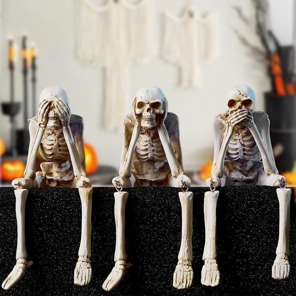 Halloween Decor Indoor Skeleton Statues See Speak Hear No Evil Figurines for Mantel Table - Realistic Resin Skull Spooky Gothic