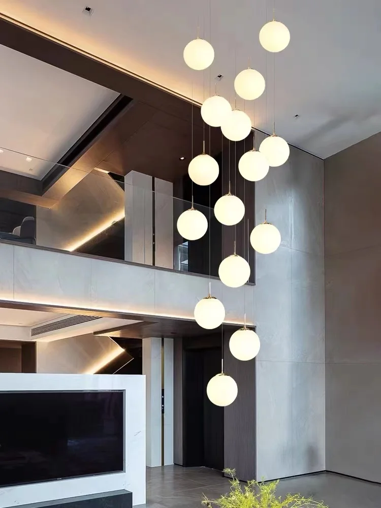 Stair Long Chandelier Light Luxury Living Room Loft High Duplex Building Hollow Nordic Minimalist Glass Spherical Led Light