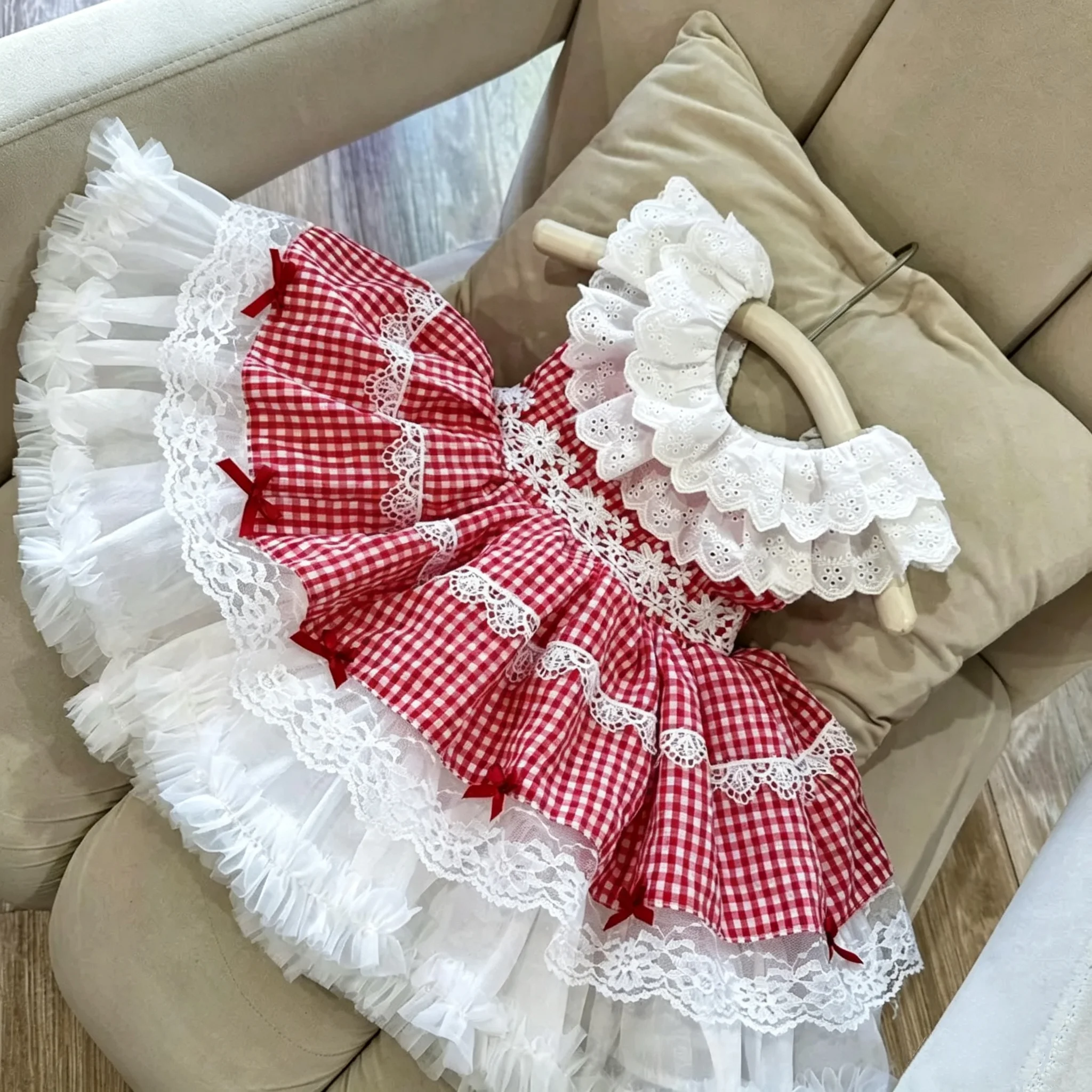 Summer Sweet Baby Girls Red Plaid Lolita Dress Off Shoulder Lace Ruffle Tiered Skirt Toddler 1st Birthday Party Christmas B651