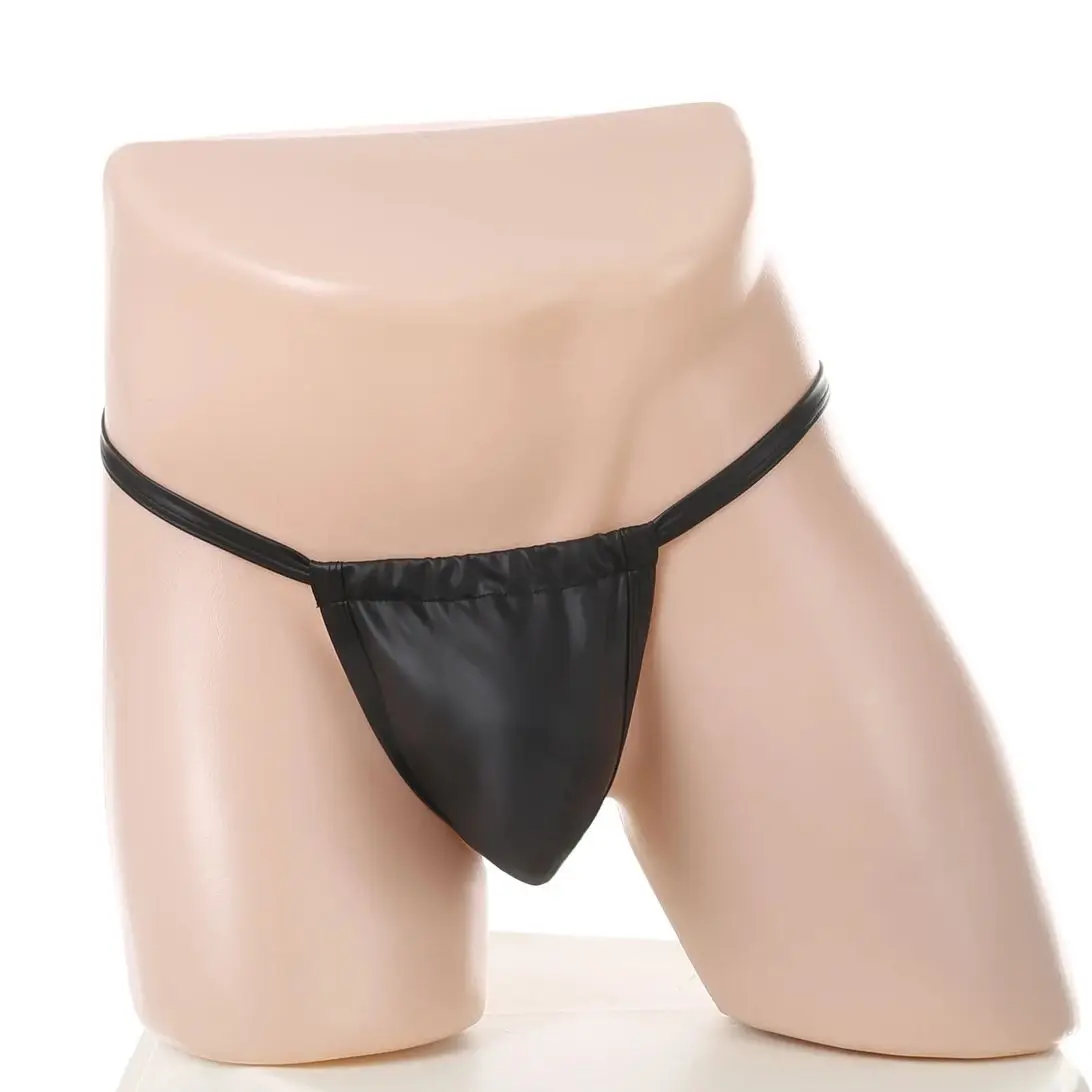 Celana Dalam Pria Model Thong Kulit Imitasi dengan Kantong Penis, Bikini String Erotis, Lingerie T-Back, Celana Dalam Hitam Seksi dan Bernapas