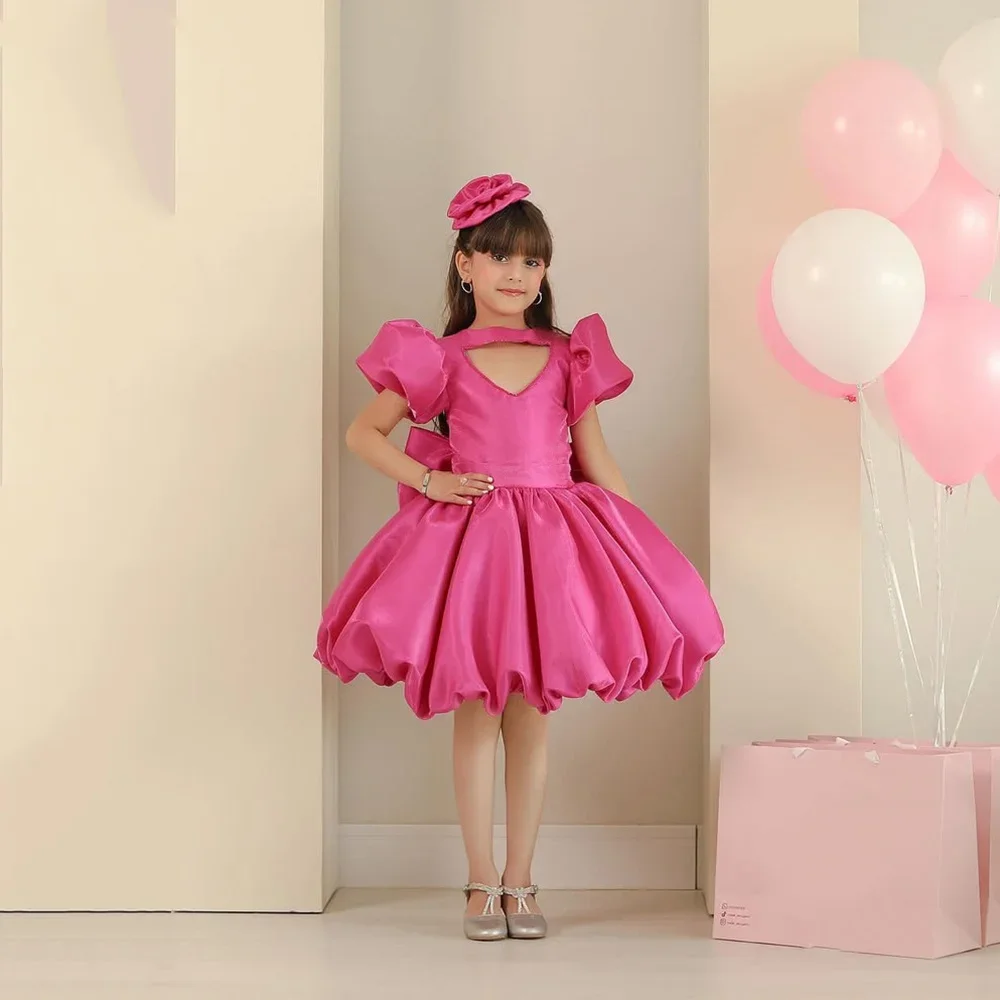 

Платье принцессы цвета фуксии для девочек на свадьбу, пышное платье с бантом длиной до колена, милое платье принцессы для дня рождения, первого причастия