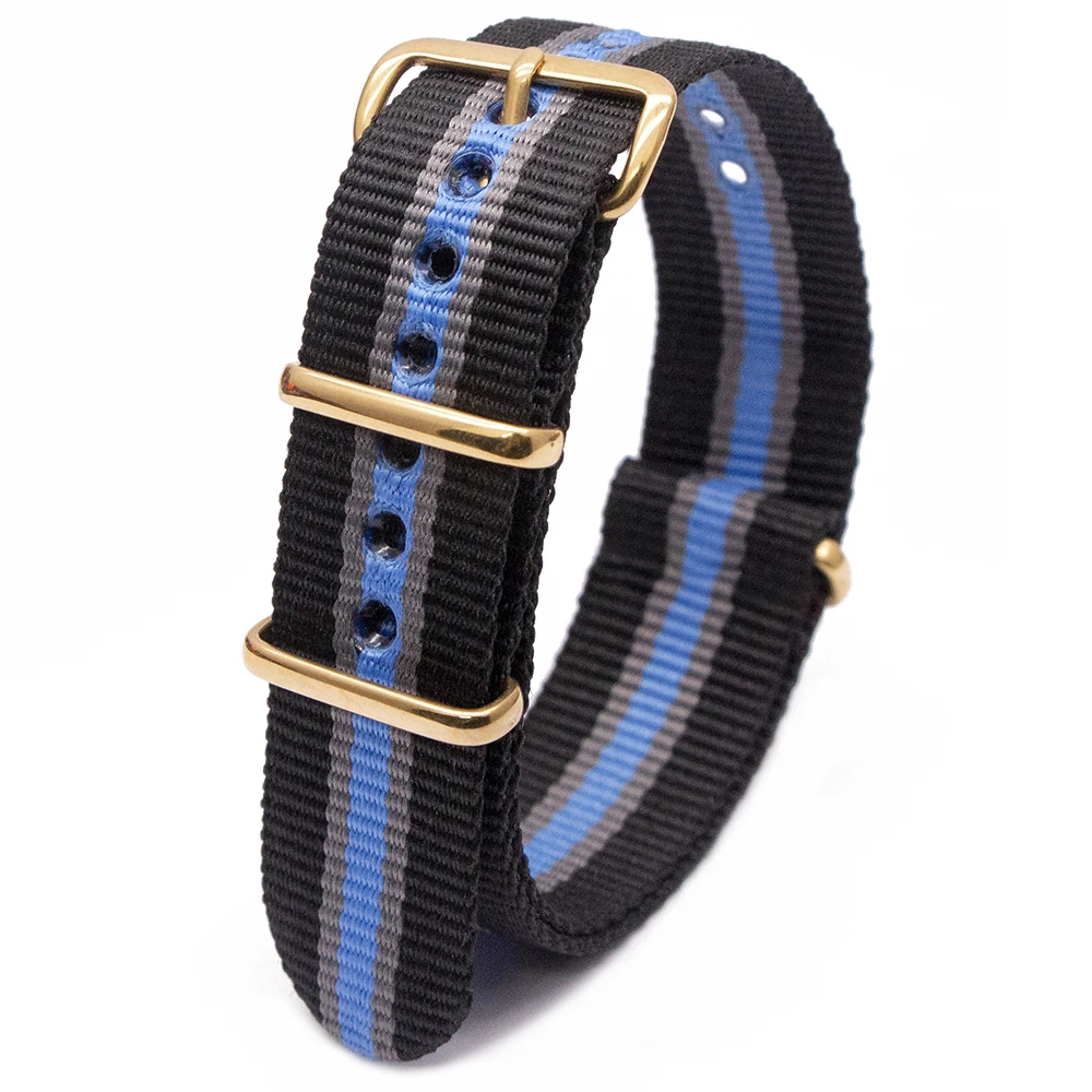 Waterproof, sweat resistant, and breathable nylon strap with gold buckle integrated replacement strap.