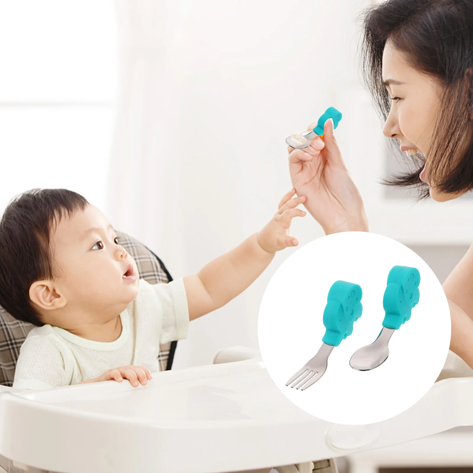 

2 шт., силиконовые детские ложки, вилки, детская тренировочная посуда, мультяшный дизайн, практика еды, обучающая посуда из нержавеющей стали, безопасная