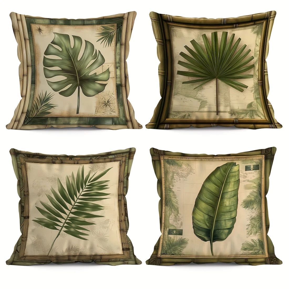 4Pcs Tropical Plant Pillow Covers 45x45cm Double-sided Printed Bamboo Frame Cushion Cases Home Decor Throw Pillows No Insert