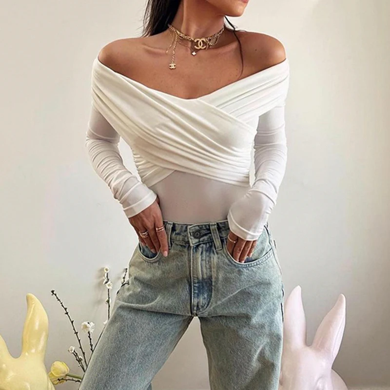 Darlingaga Fashion Fold Skinny Autumn T-shirt Ladies Basic Off Shoulder Top Solid Criss-Cross Casual Elegant Women Tee Clothing