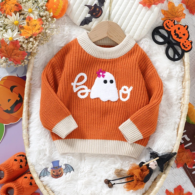 長袖ラウンドネックセーター、ニットトップス、文字刺繍、赤ちゃんと幼児のためのハロウィーンセーター