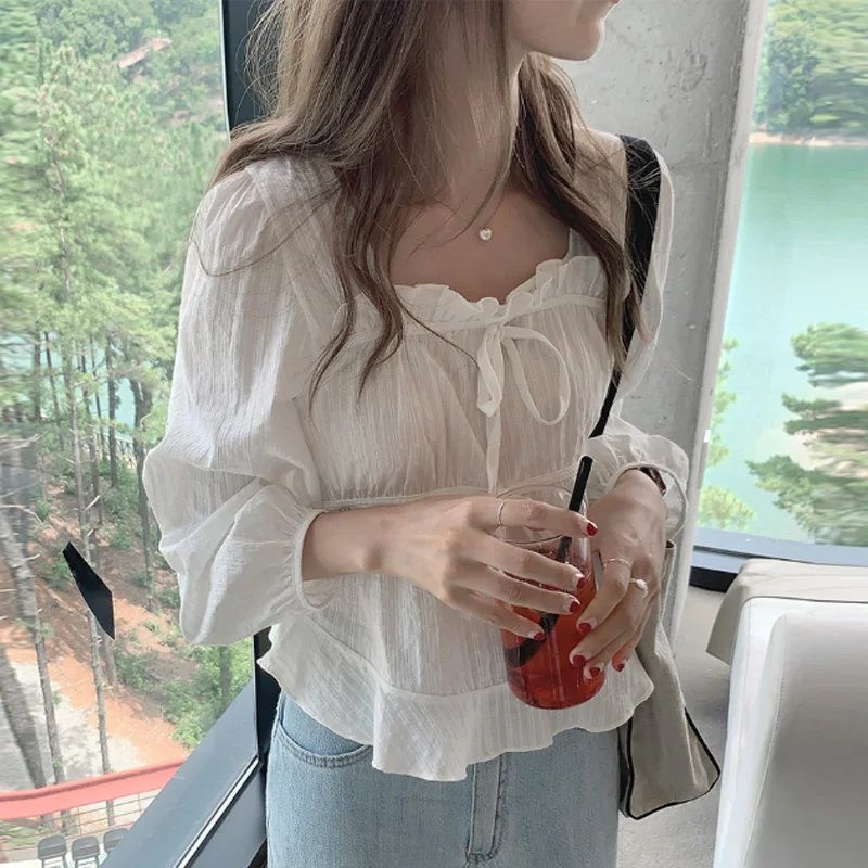 

OCEANLOVE Puff Sleeve Women Shirts&blouses Spring Autumn Sweet Square Neck Chic Blusas Mujer Korean Fashion Elegant Camisas
