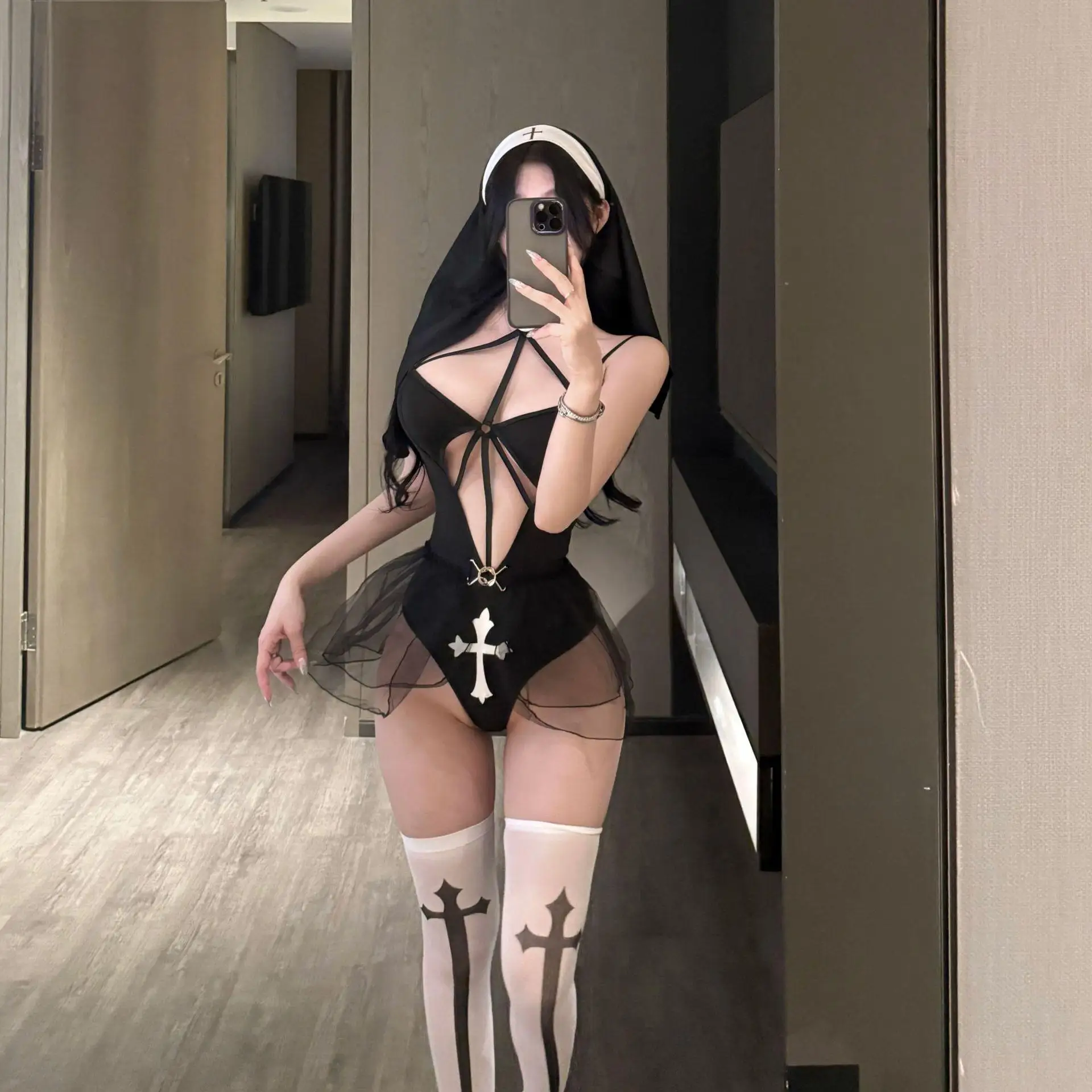 XXOO-Lencería Sexy de Anime para chica, uniforme de monja convento, mono cruzado, medias, trajes, disfraces de Halloween, Cosplay