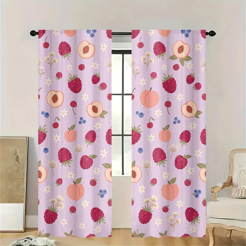 Watercolor Fruit Pattern Shower Curtain Decorative Pink Cottagecore Kitchen Bathroom Window Panel Light Filtering Curtain Home D
