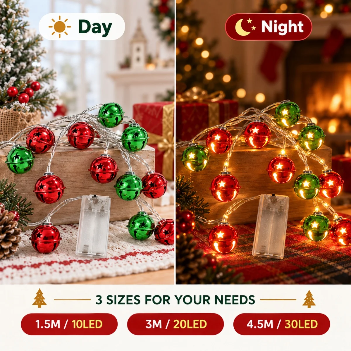 1pc Red Green Mixed Star Cutout Jingle Bell Christmas String Light LED Fairy Lights for Indoor Fireplace Mantel Xmas Tree Decor