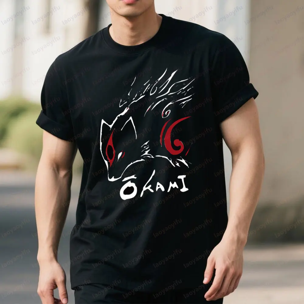 Camiseta de videojuego Okami japonés Lore Wolf, Camiseta estampada con patrones clásicos, camiseta de manga corta de algodón con cuello redondo para hombre, camiseta de la vida diaria