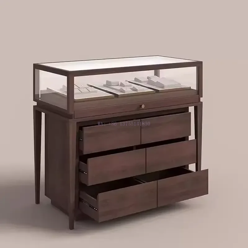 Antique Customizable Rectangular Glass Island Counter Display Cabinet with LED MDF for Retail Store Showcase Jewelry Shop