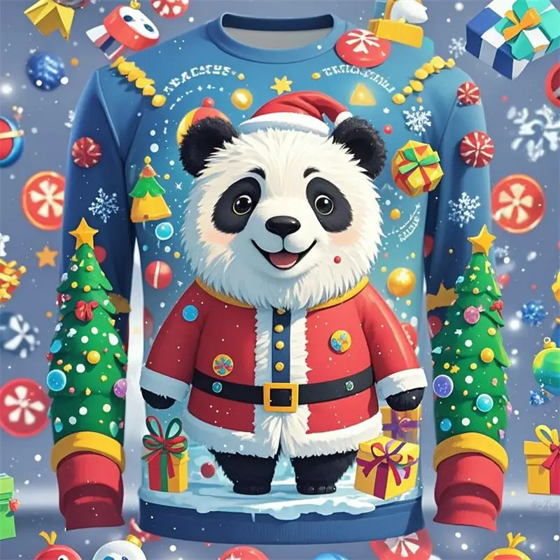 Christmas T Shirt Men 3D Panda Raccoon Print Long Sleeve For Men Fashion Christmas Harajuku Y2K Long Sleeve T-shirt Tops Clothes
