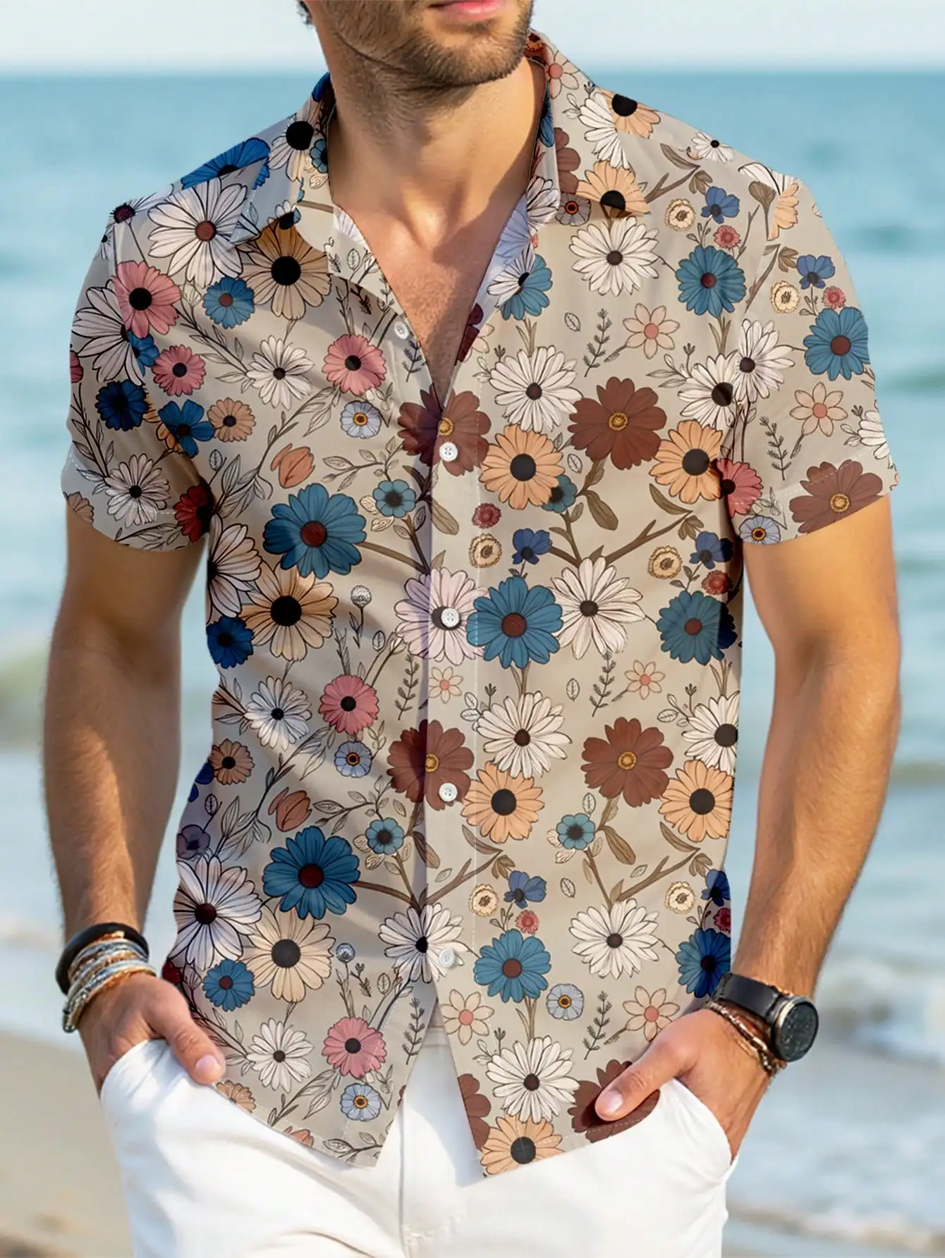 

Men's Casual Floral Print Button-Up Short Sleeve Shirt for Summer