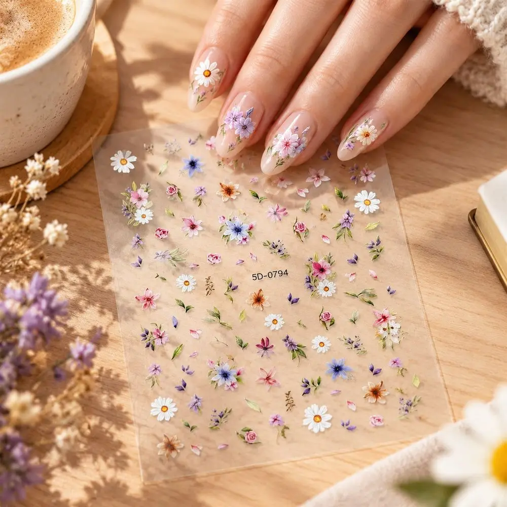 1Pc Dreamy Flower Nail Sticker Transparent Base Daisy Watercolor Pastel Decal Self-Adhesive For Spring Salon Manicure DIY Kit