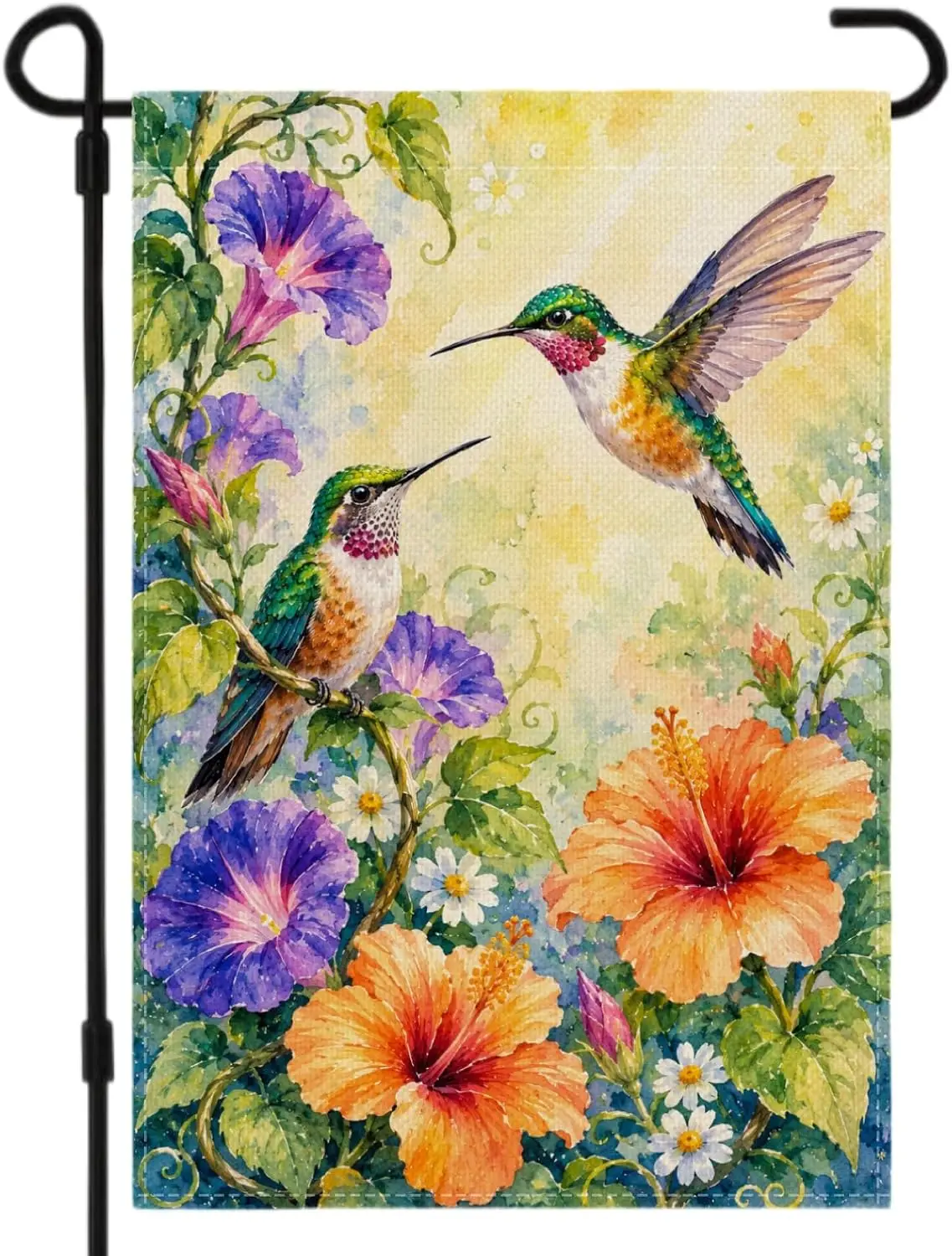 Watercolor Hummingbird Garden Flag 12x18 Inch Double Sided, Spring Summer Floral Yard Flag with Hibiscus, Morning Glory &amp uui