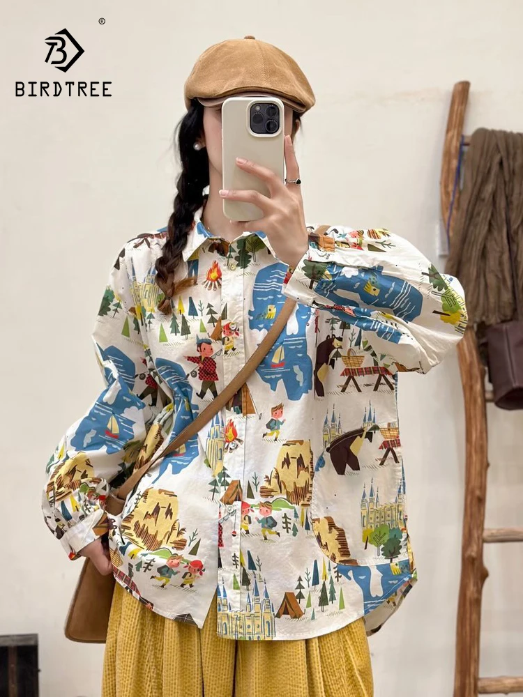 

Новинка 2025, осенняя хлопковая рубашка с длинным рукавом, женская рубашка с отложным воротником и принтом, милая модная свободная блузка с героями мультфильмов Mori Girl T5O589CC