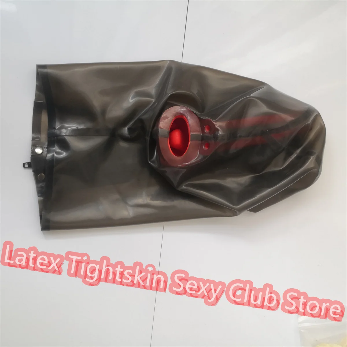 

Sexy Latex Hood Transparent Black Rubber Mask Open Eye with Long Nose Tube Gag Back Zip Halloween Cosplay Costumes