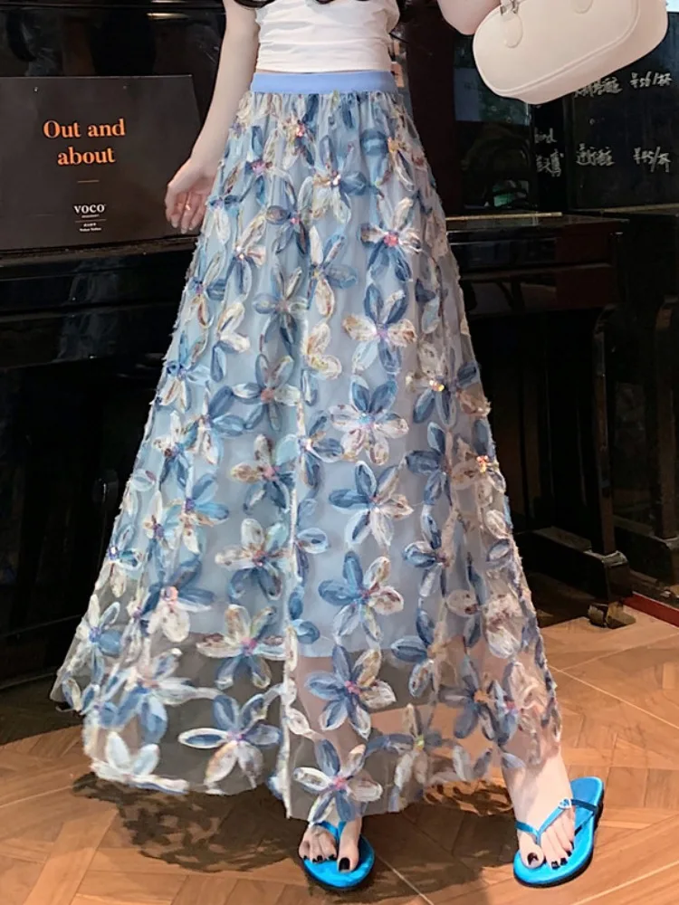 Women's summer new French style heavy industry high-Waist color-blocking floral embroidery sequin mesh umbrella skirt