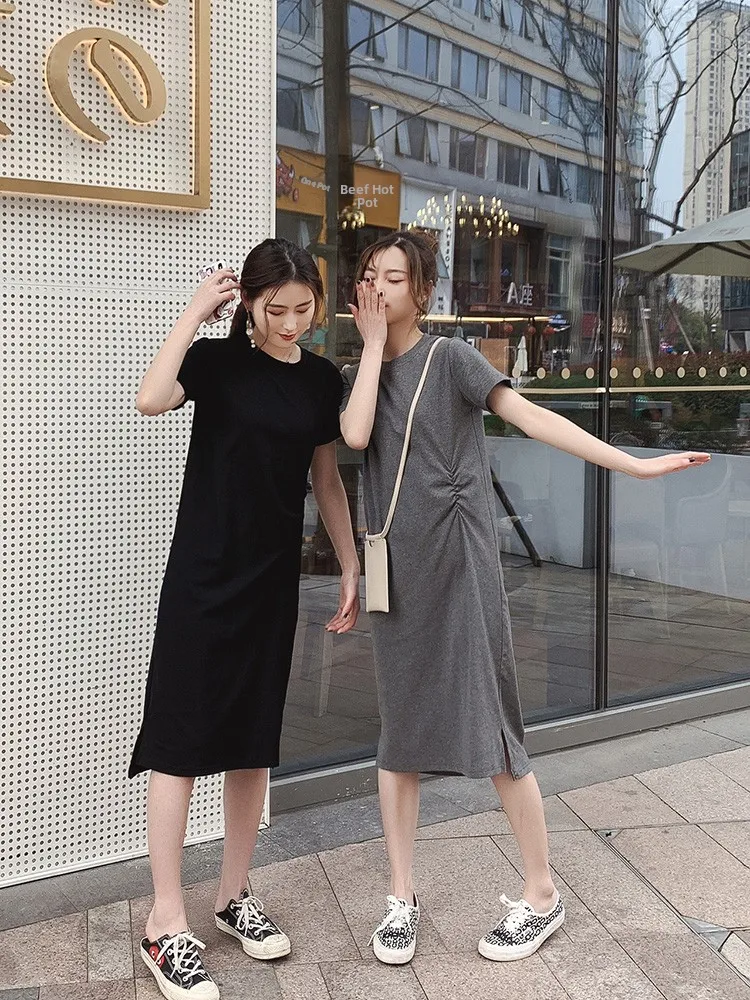 T-shirt ample coréen pour femmes, Dr ort Sve, longueur aux genoux, été, décontracté, confortable, mélange de coton Dr