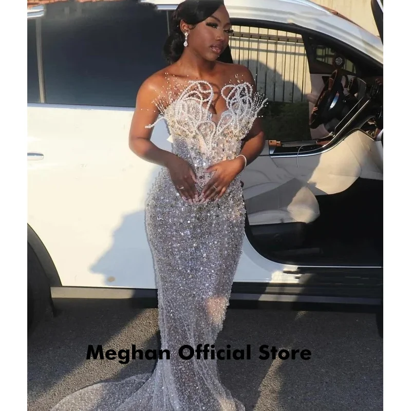 سباركلي مطرز فساتين لحضور الحفلات الموسيقية 2025 فاخر حورية البحر ثلاثية الأبعاد اللؤلؤ مشد Aso Ebi حفل زفاف عيد ميلاد ثوب مسائي رسمي مخصص