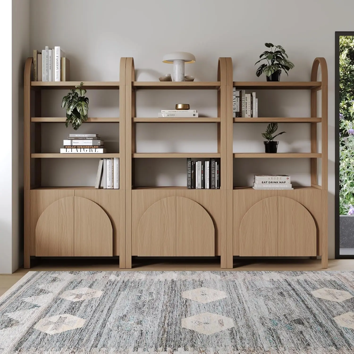Iris 3 Tier Bookshelf, Arched Bookcase Cabinet, Solid Wood Bookcase with Cabinet Base, Boho Bookshelf in Raw Oak Finish, Set of