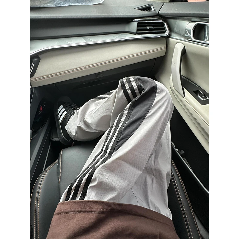 Light ey Stripe Patchwork Men's Summer Casual Ice Silk Qui Dry Cargo Pants Straight Leg Casual Sports Trousers