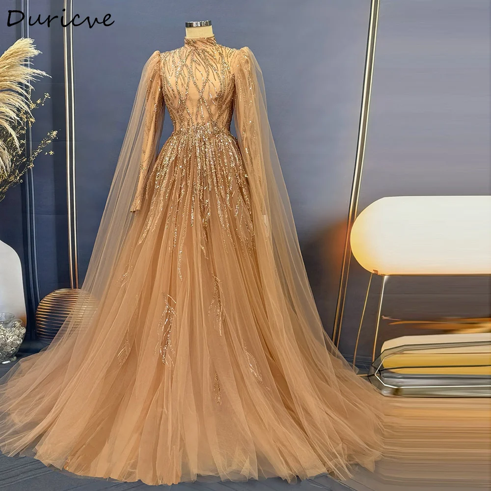Duricve Customized Gold Tulle Muslim Evening Dresses Beading Sequins Embroidery A-Line Modest Formal Prom Gown robe de soirée