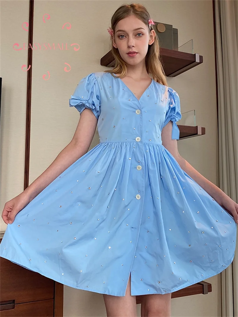 

Easysmall M/U 20 Haze Blue Super Immortal Sen Series Small Flying Sleeves Sweet Dress French Goddess First Love Dress Girl