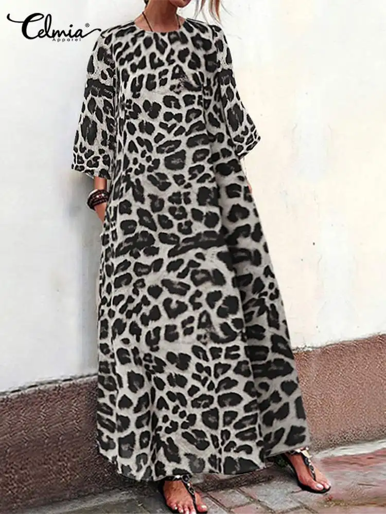 Celmia Casual Loose O Neck Vestido 2023 Fashion 3/4 Sleeve Dress Women Leopard Print Kaftan Maxi Dress Holiday Leisure Long Robe