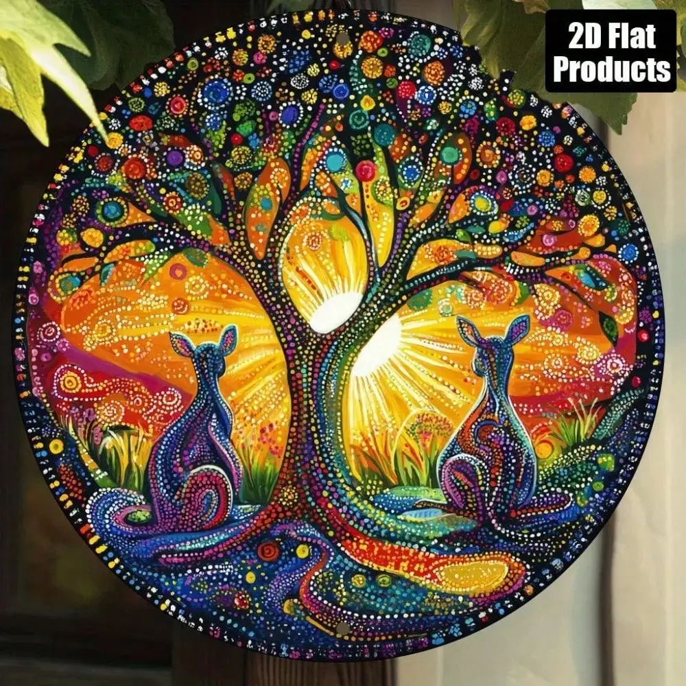 Brand Vintage Round Metal Wall Art Australia Kangaroo Sun Tree Aluminum Plaque 2D Easy Hang Decor For Living Room Office Patio G