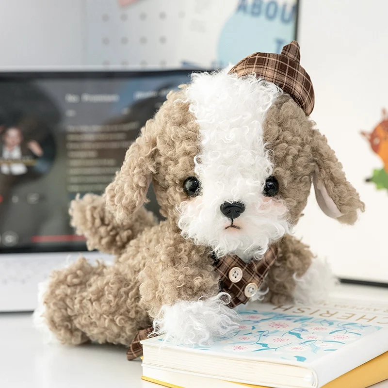 Cute Posable Dog Plush Doll With Inner Skeleton Adjustable Posed Puppy Stuffed Toy With Hat Scarf Soft Animal Figure Decor Gift