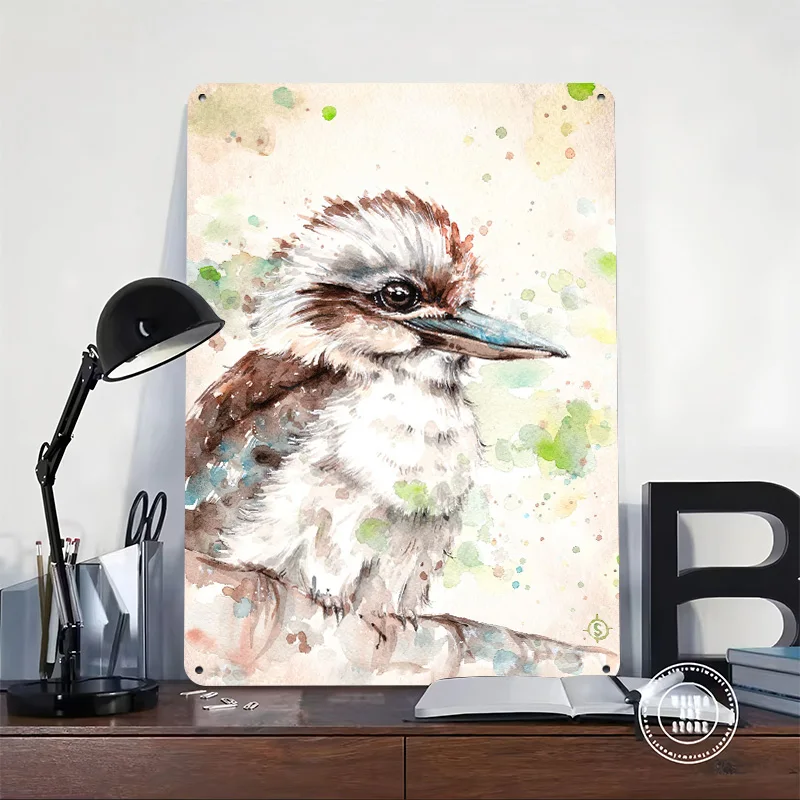 'A Kookaburra's Gaze' Water Colour Art Poster Retro 3D Printed Metal Signs Customized Wall Hanging Gift for House Wand Deko Home