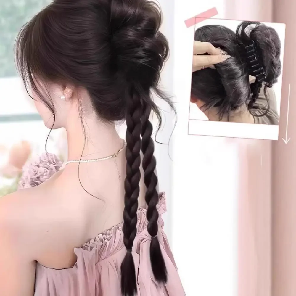 Women's clip-on Synthetic wig flower bud head twist braid natural simulation hair extensions playful sweet hair accessories