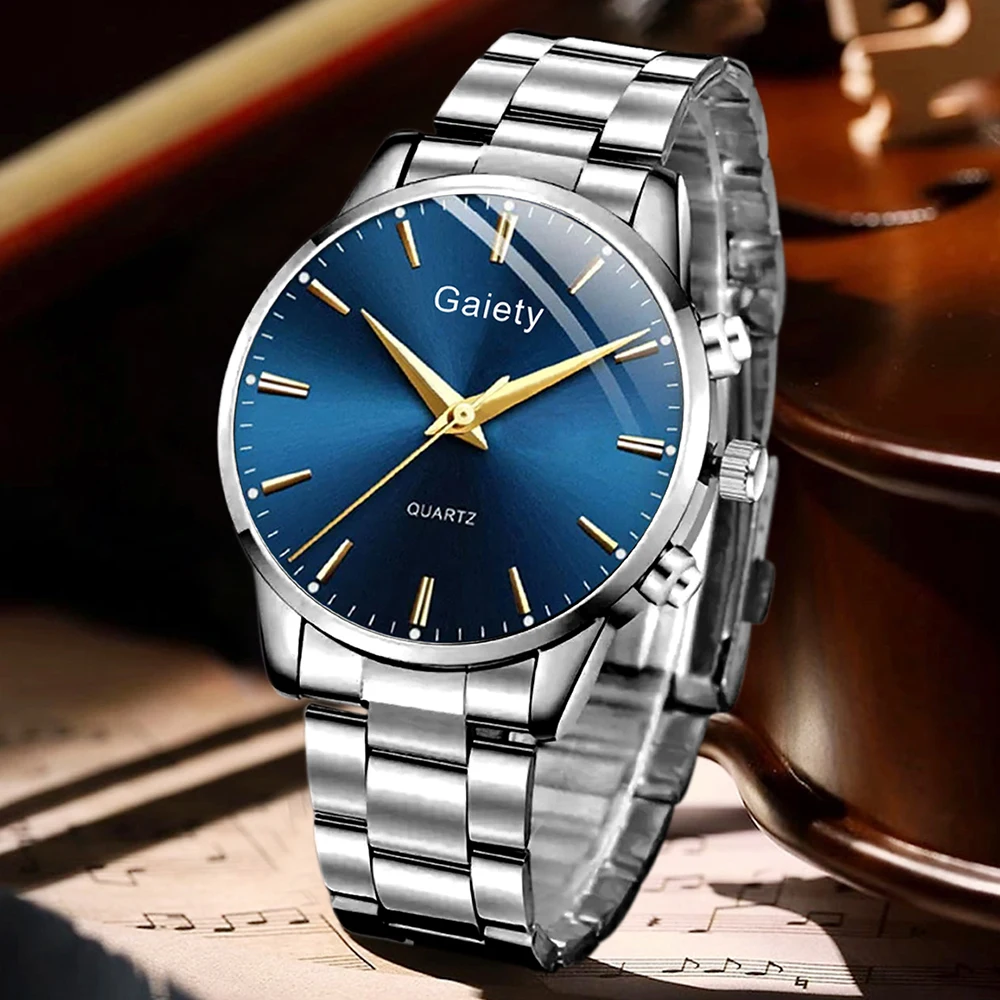 4PC Silver Men Watch Set Business Trend Simple Lines Scale Blue Round Dial Quartz Watch Bracelet Necklace Ring Set Perfect Gift