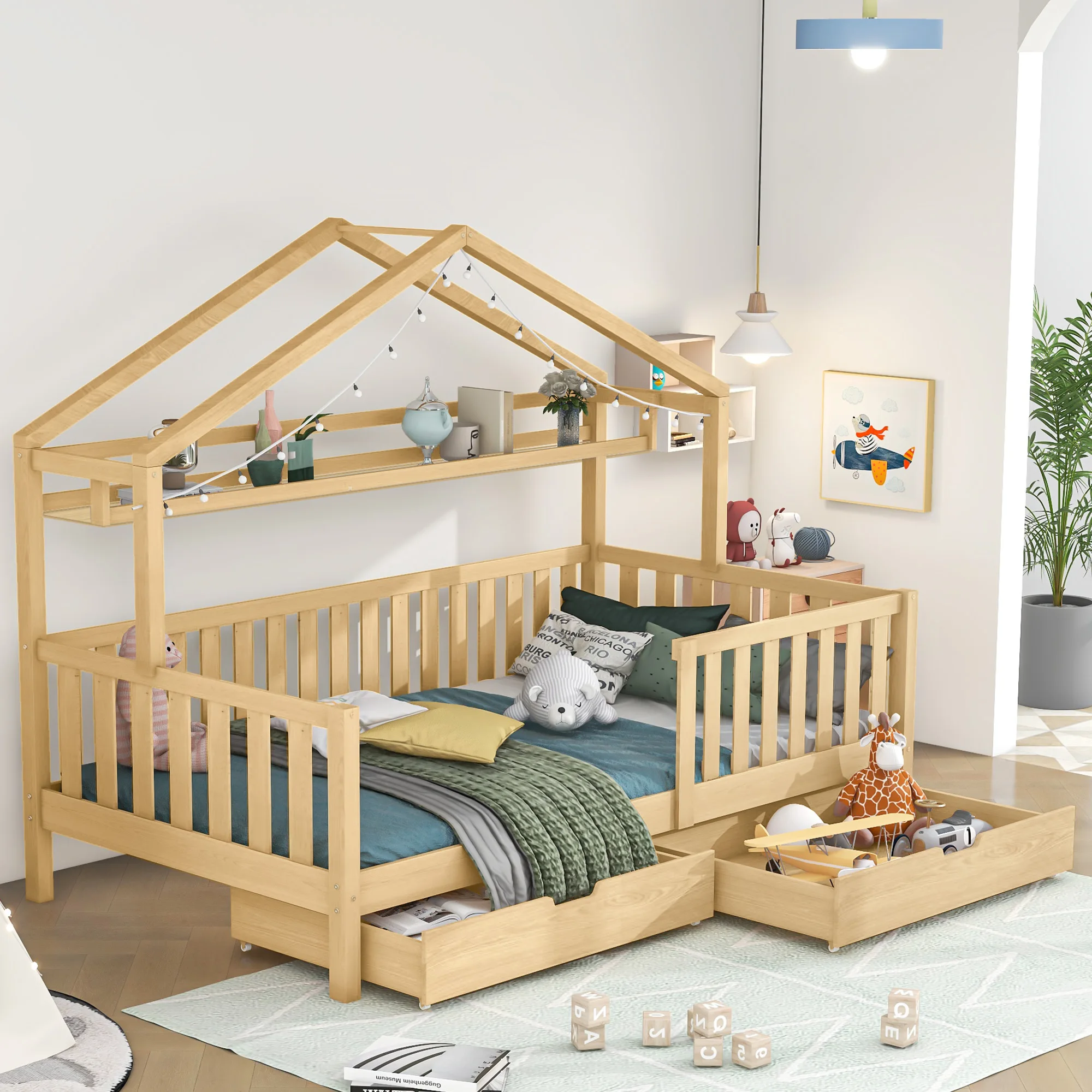 Casa de madera de Burlywood europea para niños y jóvenes, cama con dos cajones grandes de almacenamiento, madera maciza con marco de listones y