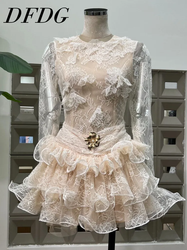 DFDG Vestido de encaje con volantes y bordado floral vintage para mujer con dobladillo ondulado plisado Retro Boho Chic 2025 Primavera Verano Vestido de fiesta informal