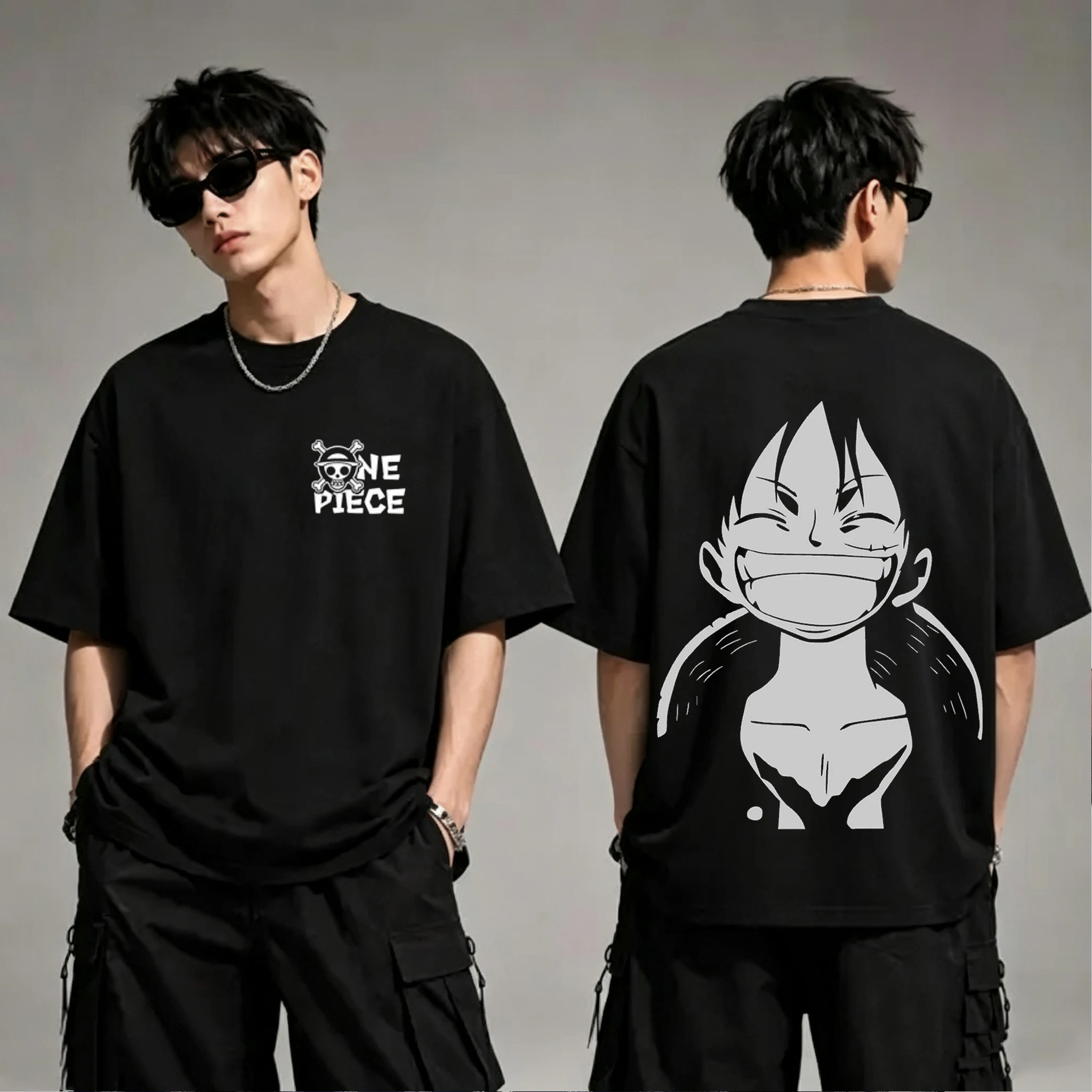 One Piece Luffy Cotton T-shirt Men Women Short Sleeve Tee Harajuku Y2K Double-sided Graphic Print Streetwear Top for Daily Wear