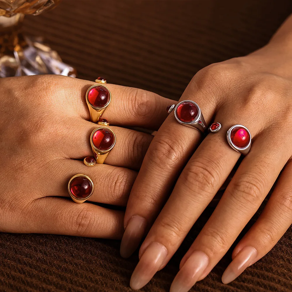 18K Gold Plated Stainless Steel Red Garnet Open Ring Women Double Stone Adjustable Band Statement Jewelry For Sensitive Skin