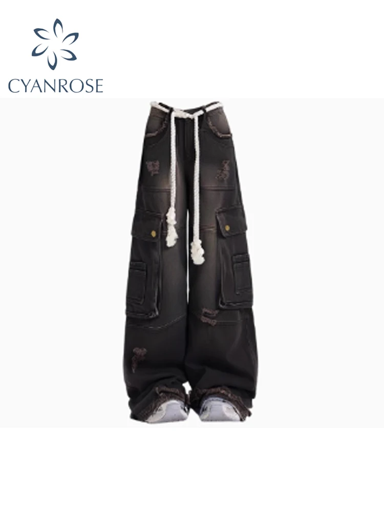 Damskie czarne gotyckie workowate dżinsy Y2k japoński styl 2000s Oversize spodnie dżinsowe Harajuku Vintage spodnie dżinsowe Emo Trashy ubrania